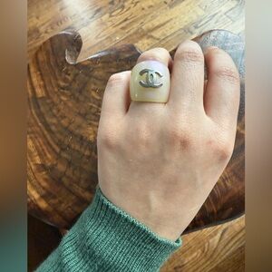 Chanel Ivory Acrylic Ring with Silver Logo